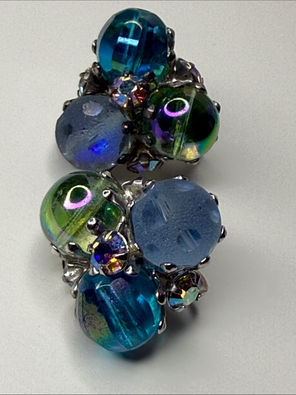 Vintage Vogue signed Multicolor Cluster Glass Bead Earrings - Blue & Green clip